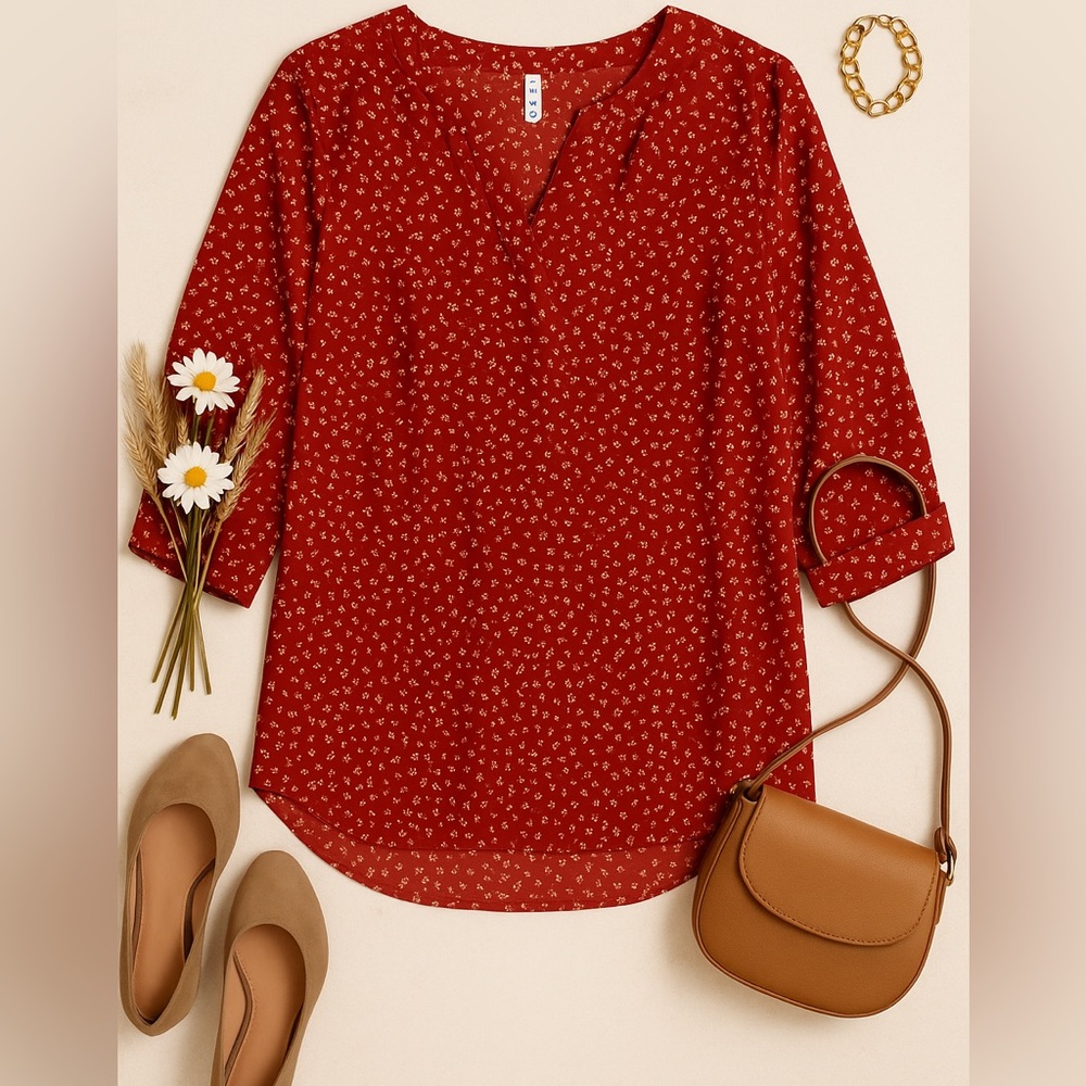 VISSHOW Plus Size 2XL Red Blouse – Minimal Floral Print V-Neck 3/4 Sleeve‎ Top